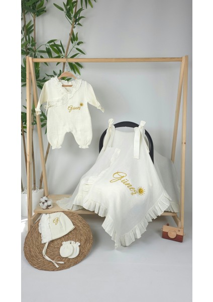 Müslin Yeni Doğan 4katlı Organik %100PAMUK Kişiye Özgü Nakışlı Hastane Çıkış Seti-Güneş Model-1 fiyatları