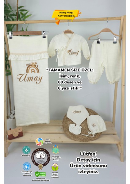 Müslin Yeni Doğan 4katlı Organik %100PAMUK Kişiye Özgü Nakışlı Hastane Çıkış Seti(Gökkuşağı Model1)