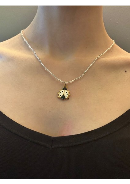 Çelik Uğur Böceği Uçlu Boncuklu Kadın Kolye 21 cm