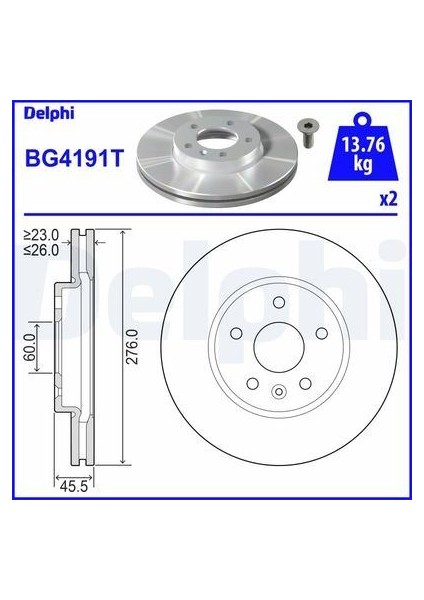 Delphı BG4191T - Ön Fren Aynası Astra J 10 Cruze 09 Aveo 11 276×26X5DL 15 Inç Havalı 95526655