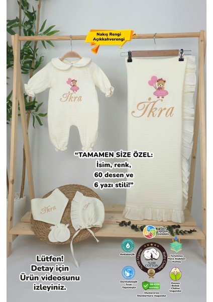 Müslin Yeni Doğan 4katlı Organik %100PAMUK Kişiye Özgü Nakışlı Hastane Çıkış Seti (Ayıcık Model-5)