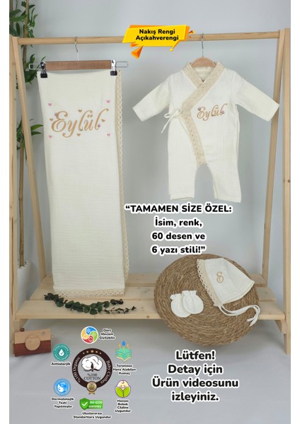 Müslin Yeni Doğan 4katlı Organik %100PAMUK Kişiye Özgü Nakışlı Hastane Çıkış Seti (Kalpli Model-5)