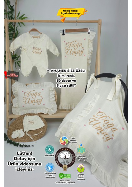 Müslin Yeni Doğan 4katlı Organik %100PAMUK Kişiye Özgü Nakışlı Hastane Çıkış Seti (Çoklu Kalp-1)