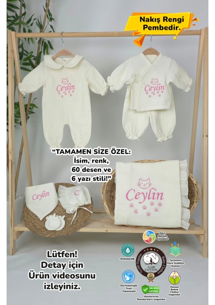 Müslin Yeni Doğan 4katlı Organik %100PAMUK Kişiye Özgü Nakışlı Hastane Çıkış Seti (Kedi Patisi)