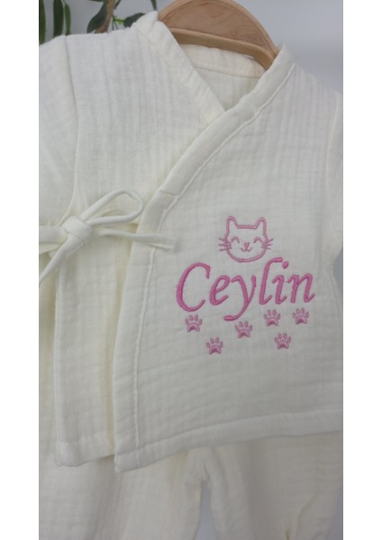 Müslin Yeni Doğan 4katlı Organik %100PAMUK Kişiye Özgü Nakışlı Hastane Çıkış Seti (Kedi Patisi) fırsatları