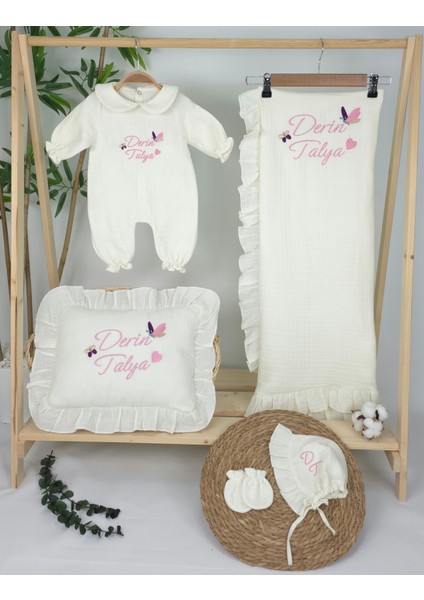 Müslin Yeni Doğan 4katlı Organik %100PAMUK Kişiye Özgü Nakışlı Hastane Çıkış Seti-Ikili Kelebek fiyatları