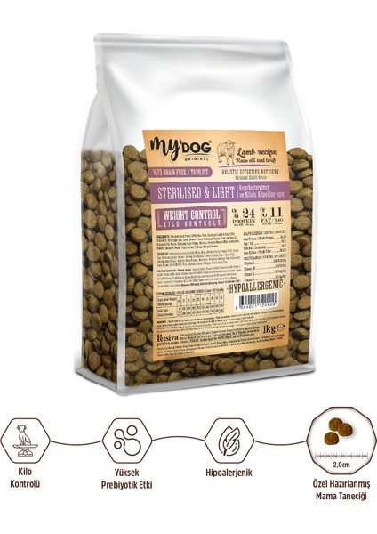 Mydog Original Az Tahıllı Kuzu Etli Diyet & Kısır Köpek Maması 1kg