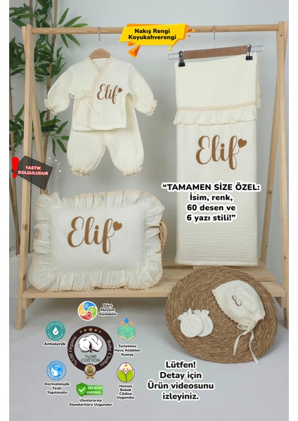 Müslin Yeni Doğan 4katlı Organik %100PAMUK Kişiye Özgü Nakışlı Hastane Çıkış Seti (Kalpli Model-8)
