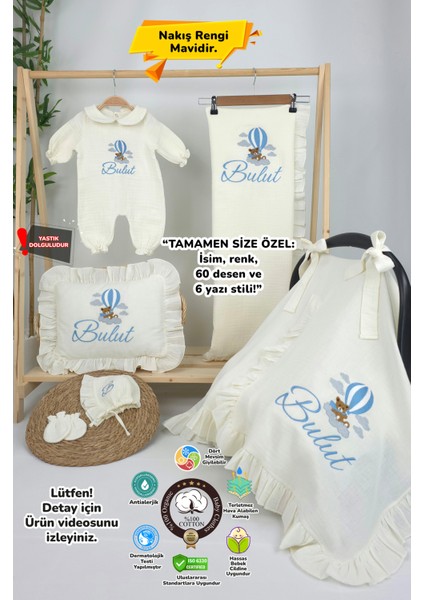 Müslin Yeni Doğan 4katlı Organik %100PAMUK Kişiye Özgü Nakışlı Hastane Çıkış Seti (Ayıcık Model-3)