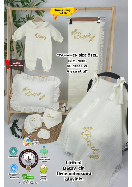Müslin Yeni Doğan 4katlı Organik %100PAMUK Kişiye Özgü Nakışlı Hastane Çıkış Seti-Başak Model