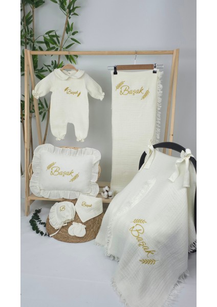 Müslin Yeni Doğan 4katlı Organik %100PAMUK Kişiye Özgü Nakışlı Hastane Çıkış Seti-Başak Model fiyatları