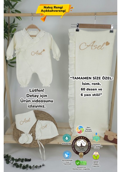 Müslin Yeni Doğan 4katlı Organik %100PAMUK Kişiye Özgü Nakışlı Hastane Çıkış Seti-Kalpli