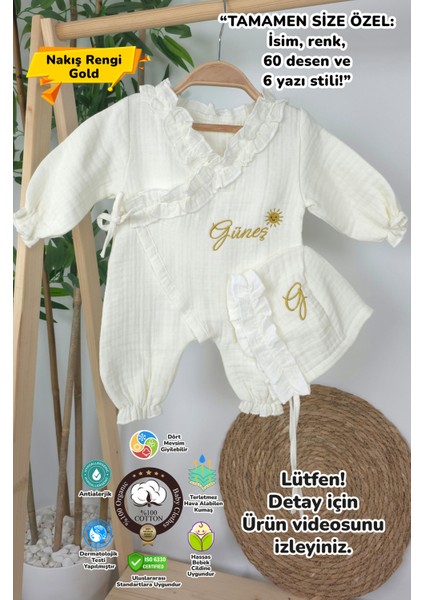 Müslin Yeni Doğan 4katlı Organik %100PAMUK Kişiye Özgü Nakışlı Hastane Çıkış Seti (Güneş Model-2)