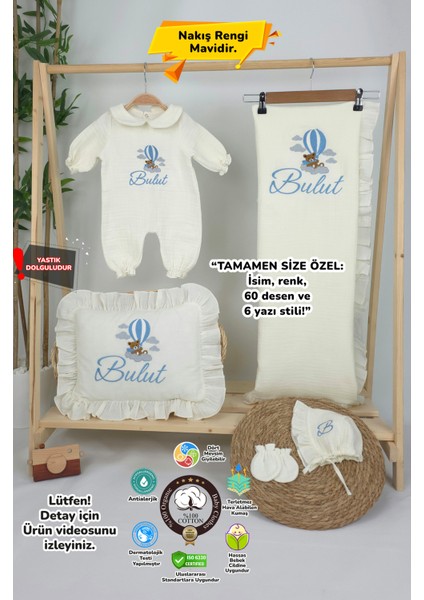 Müslin Yeni Doğan 4katlı Organik %100PAMUK Kişiye Özgü Nakışlı Hastane Çıkış Seti (Ayıcık Model-3)