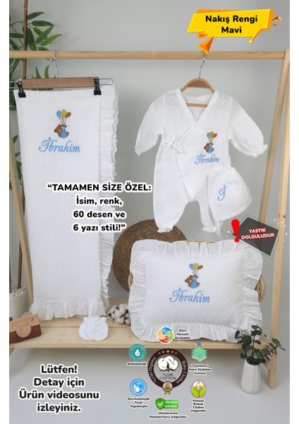 Müslin Yeni Doğan 4katlı Organik %100PAMUK Kişiye Özgü Nakışlı Hastane Çıkış Seti-Ayıcık Model