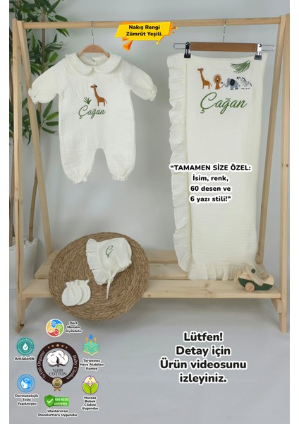 Müslin Yeni Doğan 4katlı Organik %100PAMUK Kişiye Özgü Nakışlı Hastane Çıkış Seti-Safari Model-2