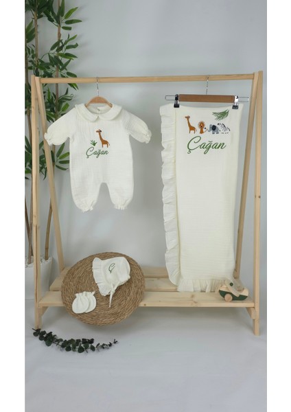 Müslin Yeni Doğan 4katlı Organik %100PAMUK Kişiye Özgü Nakışlı Hastane Çıkış Seti-Safari Model-2 fiyatları
