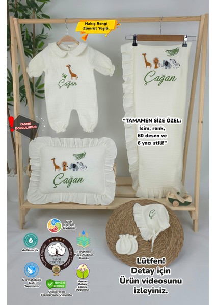 Müslin Yeni Doğan 4katlı Organik %100PAMUK Kişiye Özgü Nakışlı Hastane Çıkış Seti-Safari Model-2
