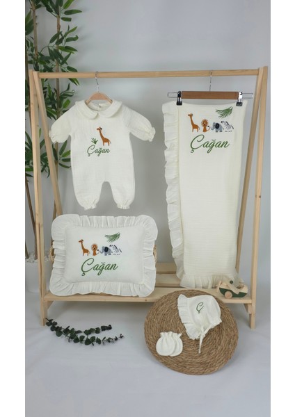 Müslin Yeni Doğan 4katlı Organik %100PAMUK Kişiye Özgü Nakışlı Hastane Çıkış Seti-Safari Model-2 fiyatları