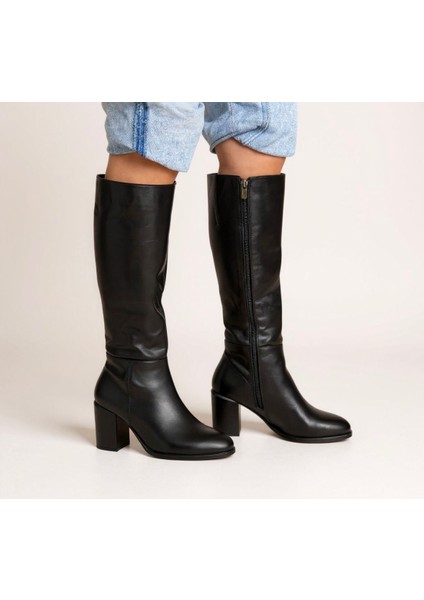 Siyah Deri Diz Altı Içten Lastikli Kadın Klasik Çizme fiyatları