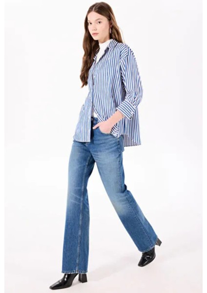 Yüksek Bel Düz Paça Bol Kesim Koyu Indigo Kadın Denim Pantolon DT10896