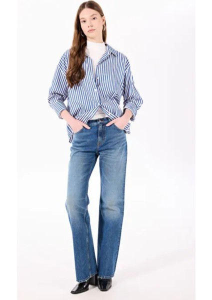 Yüksek Bel Düz Paça Bol Kesim Koyu Indigo Kadın Denim Pantolon DT10896 fiyatları