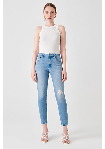 Yüksek Bel Düz Paça Slim Fit Açık Indigo Kadın Denim Pantolon DT11123 indirimleri