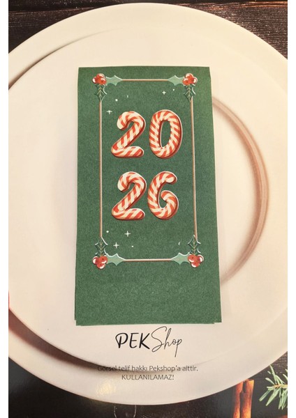 Candy Cane 2025 Baskılı Yeşil Yılbaşı Peçetesi - Yeşil Peçete 12LI Paket fırsatları