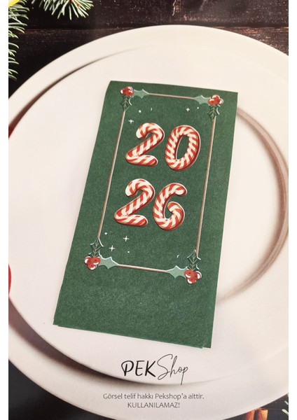 Candy Cane 2025 Baskılı Yeşil Yılbaşı Peçetesi - Yeşil Peçete 12LI Paket indirimleri