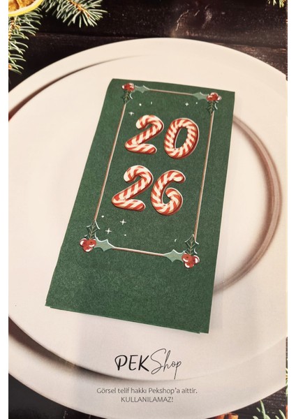 Candy Cane 2025 Baskılı Yeşil Yılbaşı Peçetesi - Yeşil Peçete 12LI Paket