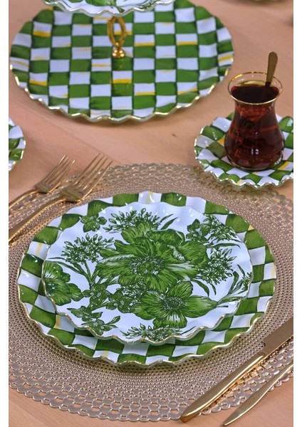 Glore Mode Green Altın Yaldızlı 34 Parça 6 Kişilik Cam Pasta Servis Takımı | Lüks Altın Detaylı Set modelleri