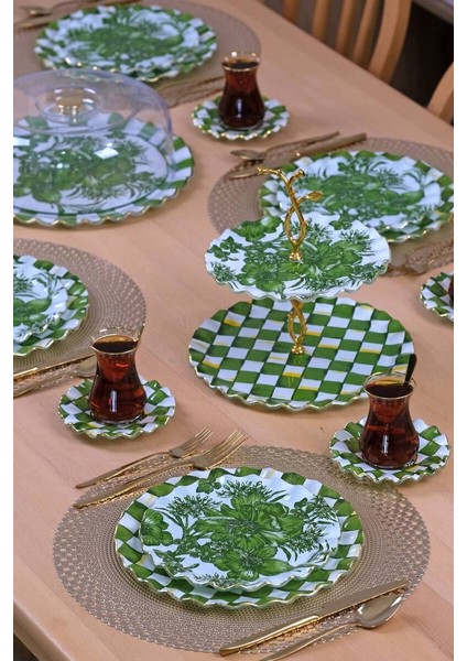 Glore Mode Green Altın Yaldızlı 34 Parça 6 Kişilik Cam Pasta Servis Takımı | Lüks Altın Detaylı Set