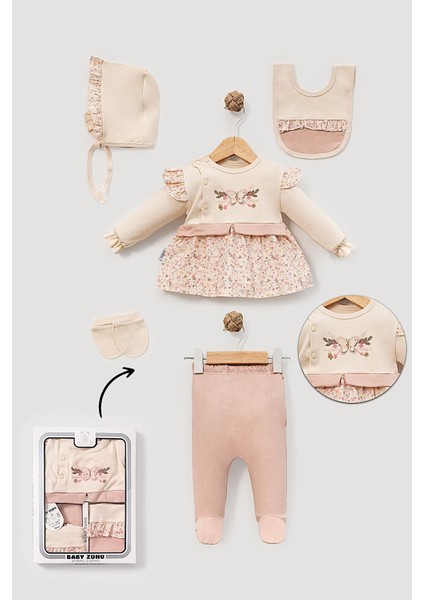 Kız Bebek 0-3 Ay Organik Pamuktan Çiçekli Kelebek Nakışlı 5li Hastane Çıkış Zıbın Seti