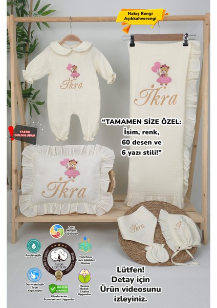 Müslin Yeni Doğan 4katlı Organik %100PAMUK Kişiye Özgü Nakışlı Hastane Çıkış Seti (Ayıcık Model-5)
