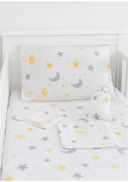 Bebek Müslin Set %100 Pamuk 7 Parça Battaniye Ağız Bezi Müslin Ay Yıldızlı