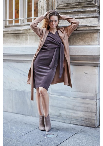 Kaşe Kapşonlu Uzun Kol Anvelop Kruvaze Bağcıklı Cepli Kaban-Camel