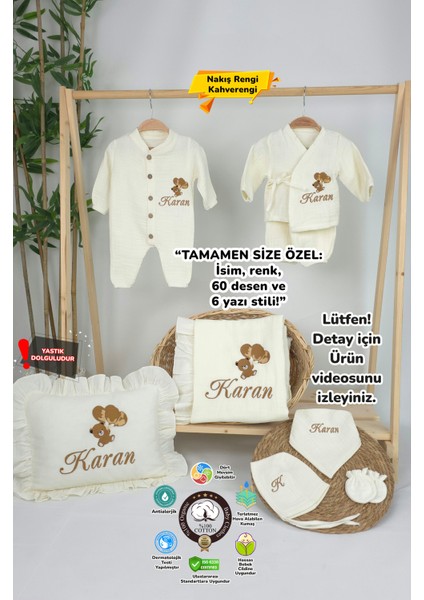 Müslin Yeni Doğan 4katlı Organik %100PAMUK Kişiye Özgü Nakışlı Hastane Çıkış Seti (Ayıcık Model-6)