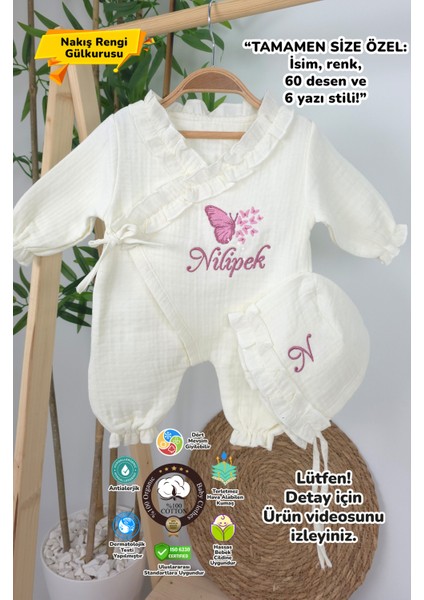 Müslin Yeni Doğan 4katlı Organik %100PAMUK Kişiye Özgü Nakışlı Hastane Çıkış Seti (Çoklu Kelebek-2)