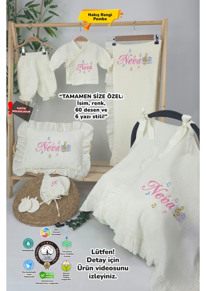 Müslin Yeni Doğan 4katlı Organik %100PAMUK Kişiye Özgü Nakışlı Hastane Çıkış Seti (Nota Model)