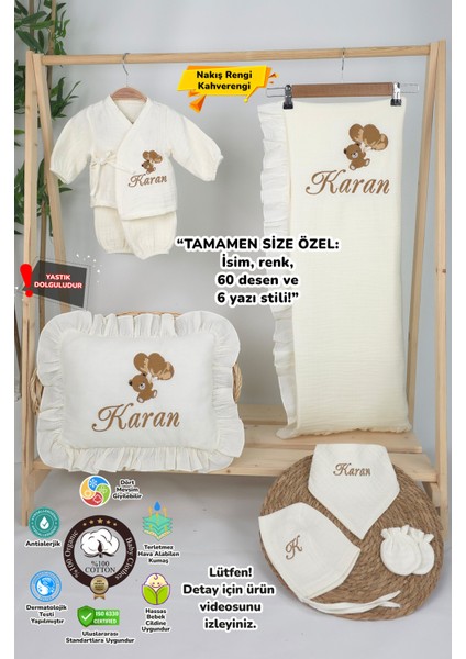 Müslin Yeni Doğan 4katlı Organik %100PAMUK Kişiye Özgü Nakışlı Hastane Çıkış Seti (Ayıcık Model-6)