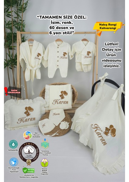 Müslin Yeni Doğan 4katlı Organik %100PAMUK Kişiye Özgü Nakışlı Hastane Çıkış Seti (Ayıcık Model-6)