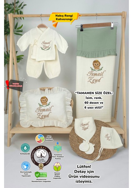 Müslin Yeni Doğan 4katlı Organik %100PAMUK Kişiye Özgü Nakışlı Hastane Çıkış Seti (Aslan Model-2)