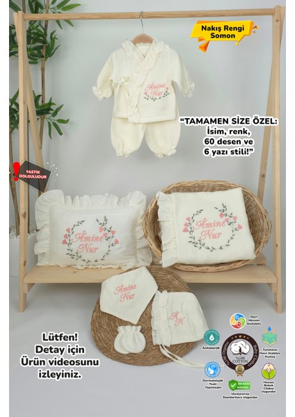 Müslin Yeni Doğan 4katlı Organik %100PAMUK Kişiye Özgü Nakışlı Hastane Çıkış Seti (Çiçek Model-2)