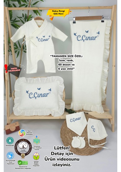 Müslin Yeni Doğan 4katlı Organik %100PAMUK Kişiye Özgü Nakışlı Hastane Çıkış Seti-3'lü Kuş Model