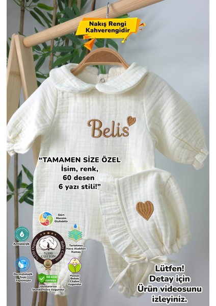 Müslin Yeni Doğan 4katlı Organik %100PAMUK Kişiye Özgü Nakışlı Hastane Çıkış Seti-Kahverengi Kalpli