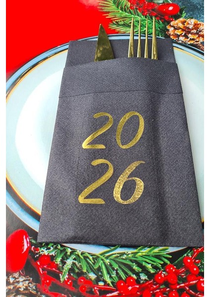 Kumaş Dokulu Siyah Peçete Gold Varak 2026 Yazılı Yılbaşı Sofrası - Yeni Yıl Peçetesi modelleri