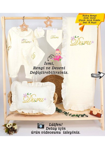 Yeni Doğan %100 Pamuk Müslin Hastane Çıkış Mevlüt Seti-Takı Yastık(Kişiye Özgü Isimli Nakış Desenli)