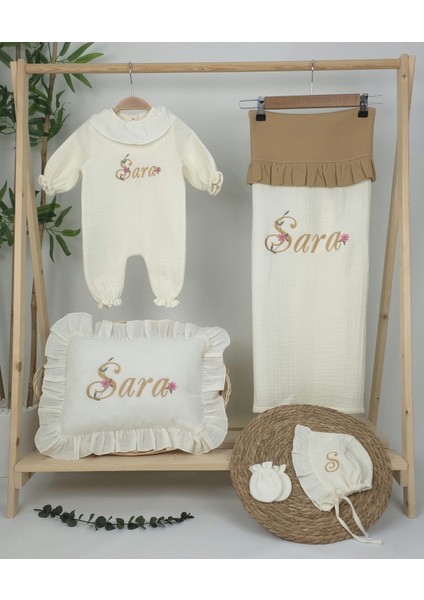Müslin Yeni Doğan 4katlı Organik %100PAMUK Kişiye Özgü Nakışlı Hastane Çıkış Seti (Papatya Model-13)