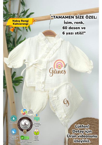 Müslin Yeni Doğan 4katlı Organik %100PAMUK Kişiye Özgü Nakışlı Hastane Çıkış Seti(Gökkuşağı Model-3)