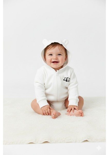 Unisex Bebek Panda Nakışlı Pamuklu Hırka (3 Ay 1 Yaş)